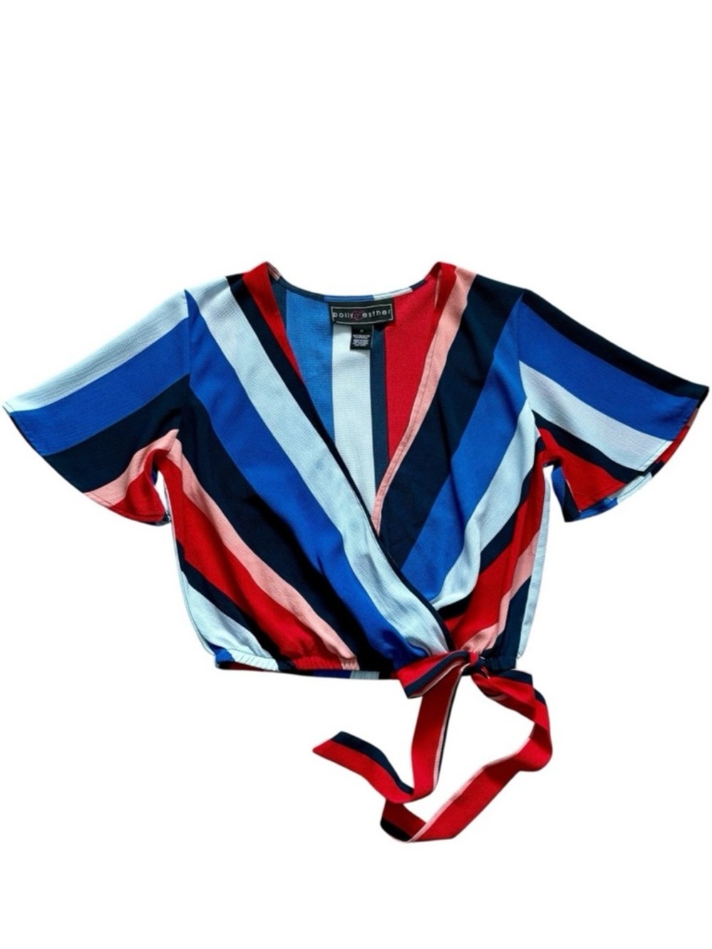 Polly & Esther Striped Short Flutter Sleeve Wrap Style Top With Tie Size Medium